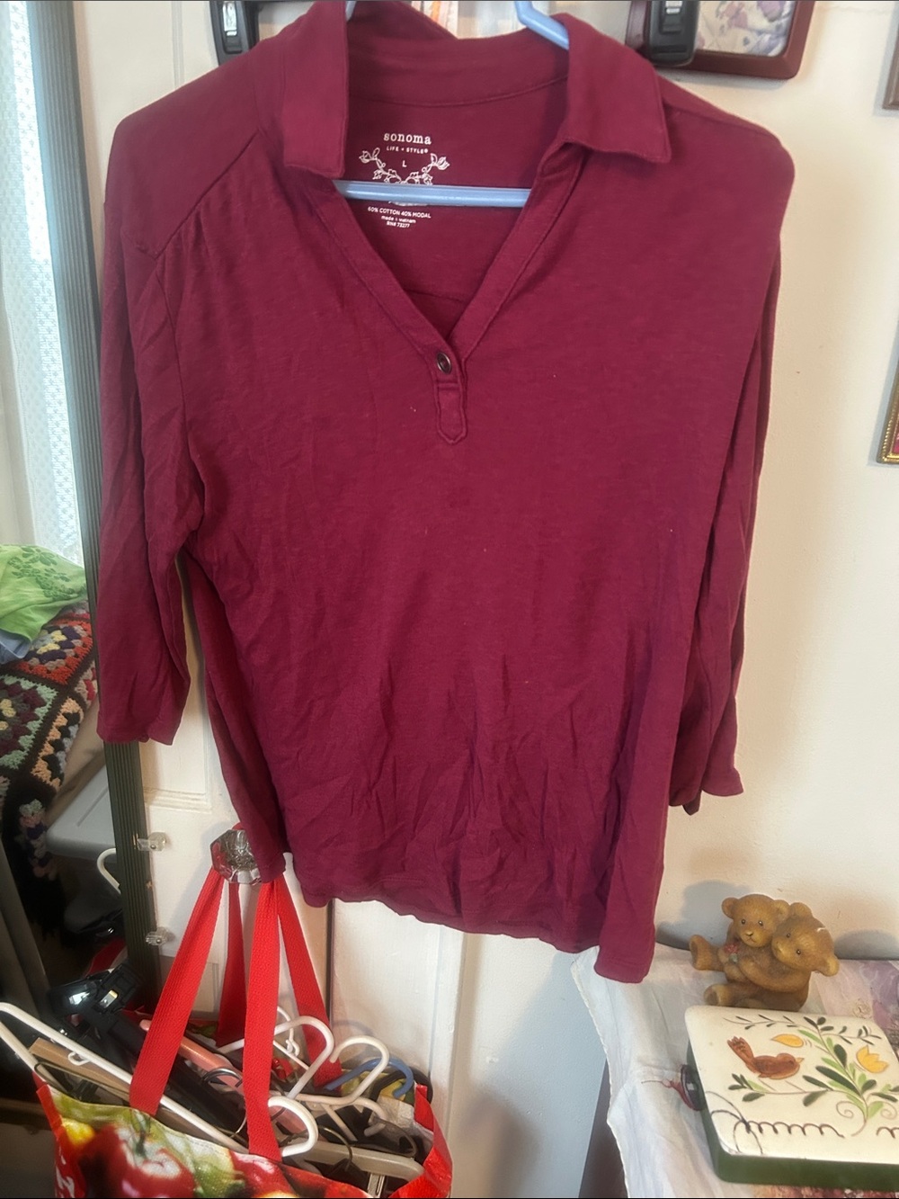 Sonoma Women's Wine-Colored Polo-Style Long Sleeve Top